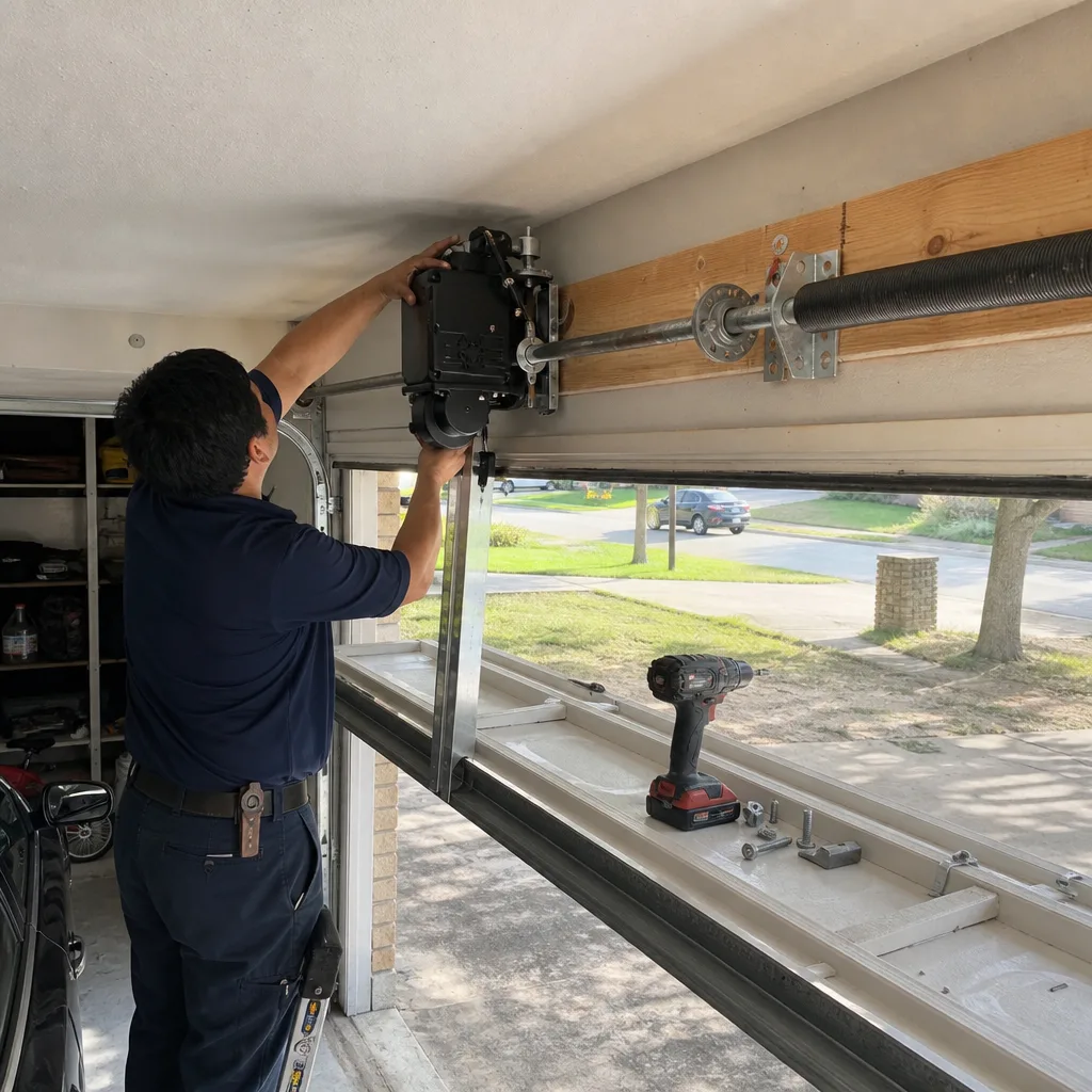 Technician performing professional garage door opener repair and installation