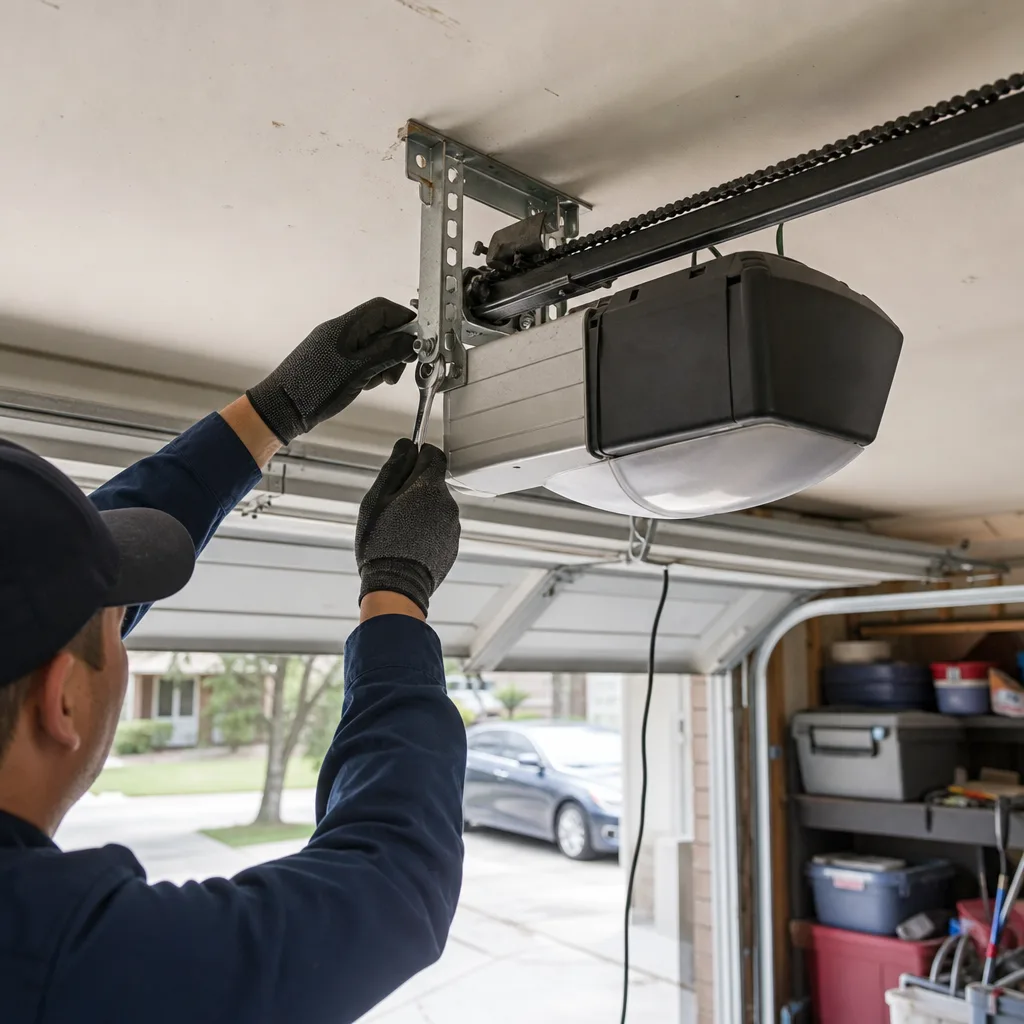 Technician performing professional garage door opener repair and installation