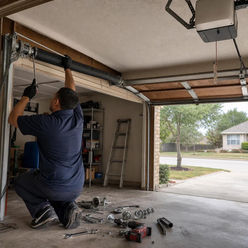 Technician performing professional garage door torsion spring repair and maintenance